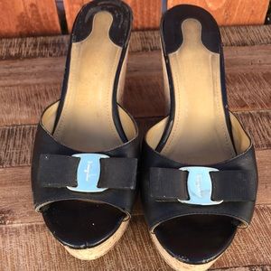 Salvatore Ferragamo black leather cork heel wedges size 7